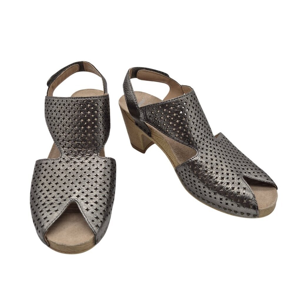 Dansko Teagan Laser Cut Leather Heeled Sandals Women's Size 40 Gray Metallic 384